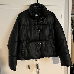 Zara Black Leather Puffer Jacket